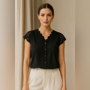 Vintage Blouse scalloped crocheted cap sleeve black size medium​​​​​​​​​​​